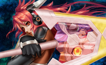 обоя аниме, senki, zesshou, symphogear, worange, kazenari, tsubasa, amou, kanade, девушка, меч, отражение, наушники