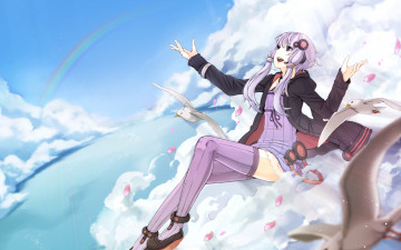 Картинка аниме headphones instrumental радуга чайки птицы облака небо девушка