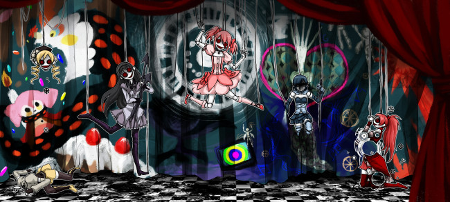 Обои картинки фото аниме, mahou, shoujo, madoka, magika, tomoe, mami, sakura, kyouko, miki, sayaka, kaname, akemi, homura, magica