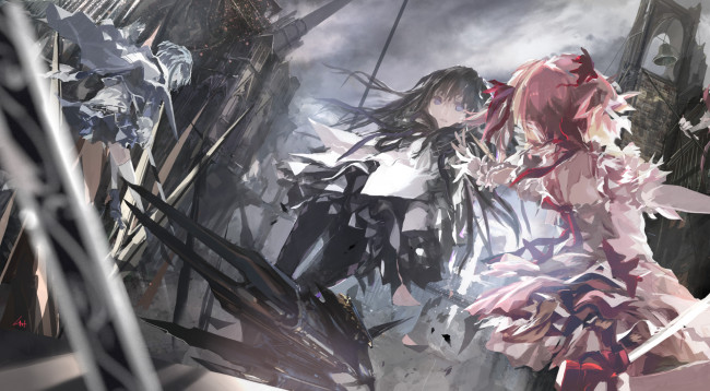 Обои картинки фото аниме, mahou, shoujo, madoka, magika, miki, sayaka, akemi, homura, kaname, magica