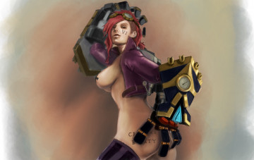 Картинка видео+игры league+of+legends девушка арт обнажена оружие league of legends перчатки металл фон vi