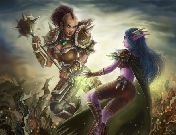 Обои картинки фото видео игры, world of warcraft, девушки, эльфийка, битва