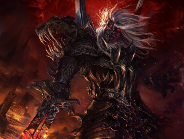 Обои картинки фото видео игры, legend of the cryptids, арт, мужчина, доспех, меч, горящие, глаза, маска, legend, of, the, cryptids