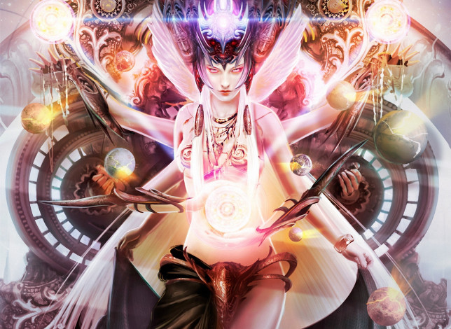 Обои картинки фото видео игры, legend of the cryptids, сферы, многорукая, шары, богиня, девушка