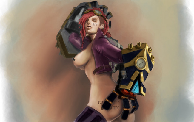 Обои картинки фото видео игры, league of legends, девушка, арт, обнажена, оружие, league, of, legends, перчатки, металл, фон, vi