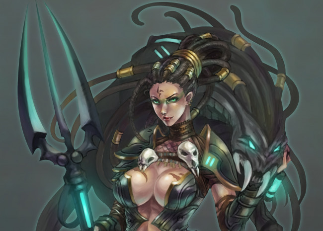 Обои картинки фото видео игры, league of legends, черепа, league, of, legends, bestial, huntress, nidalee, трезубец, грудь, девушка