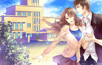 Картинка аниме город +улицы +здания sukiblog art ветер школа парень девушка