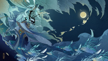 Картинка аниме животные +существа волны когти уши ночь луна парень девушка