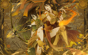 Картинка аниме оружие +техника +технологии девушка парень огонь копье стрелы