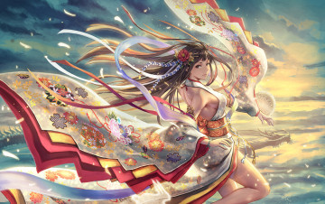 Картинка аниме unknown +другое прыжок ветер лепестки дракон девушка