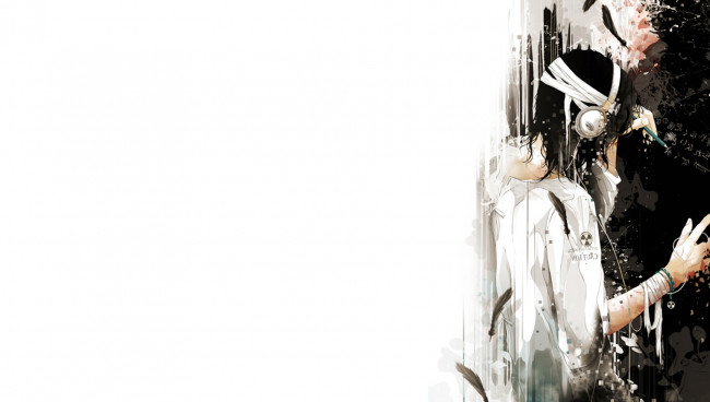 Обои картинки фото аниме, музыка, наушники, парень, бинт, знак, радиации, карандаш, перья, иероглифы