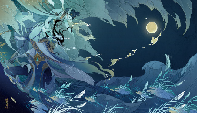 Обои картинки фото аниме, животные,  существа, волны, когти, уши, ночь, луна, парень, девушка