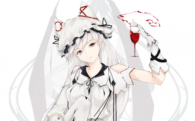 Обои картинки фото аниме, животные,  существа, перчатки, уши, бокал, девушка