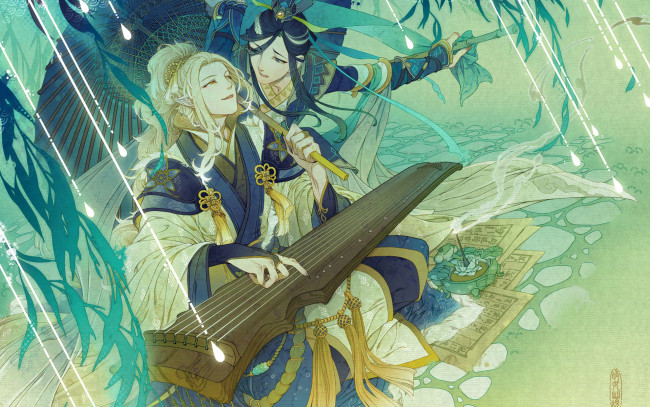 Обои картинки фото аниме, музыка, музыкальный, инструмент, когти, уши, листы, зонт, парни