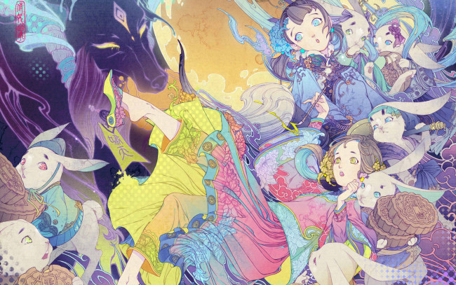 Обои картинки фото аниме, животные,  существа, девочки, кисть, кролики