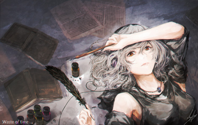 Обои картинки фото аниме, unknown,  другое, кольцо, наушники, чернила, перо, книги, лежит, девушка