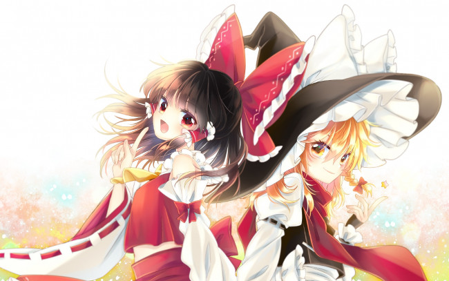 Обои картинки фото аниме, touhou, девушки, взгляд, фон