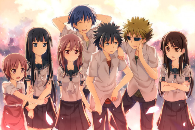 Обои картинки фото аниме, toaru majutsu no index, фон, взгляд, девушки