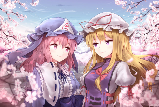 Обои картинки фото аниме, touhou, девушки, взгляд, фон