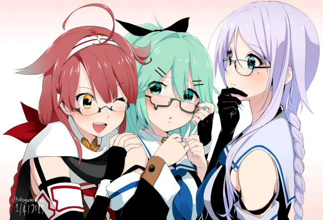 Обои картинки фото аниме, kantai collection, фон, взгляд, девушки