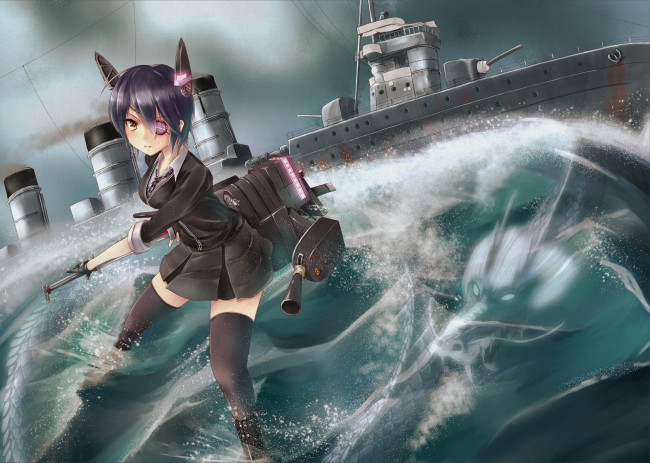Обои картинки фото аниме, kantai collection, фон, взгляд, девушка