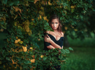 Картинка девушка девушки -unsort+ брюнетки темноволосые модель зеленая рубашка декольте зеленые глаза на улице деревья ветка листья природа смотрит зрителя nicole young