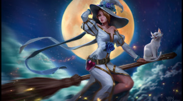 Картинка фэнтези девушки арт полёт ночь ведьма луна