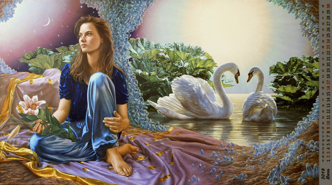 Обои картинки фото календари, рисованные,  векторная графика, взгляд, девушка, цветы, лебеди