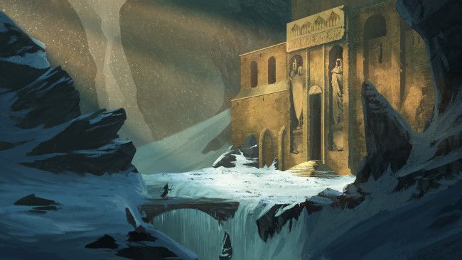 Обои картинки фото фэнтези, иные миры,  иные времена, мост, горы, путник, lost, temple, крепость