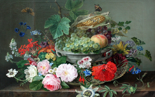 Обои картинки фото рисованное, живопись, кукуруза, натюрморт, цветы