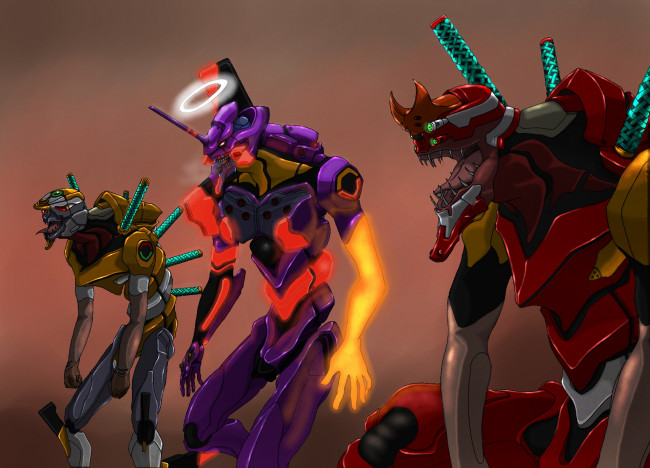 Обои картинки фото аниме, evangelion, меха, eva, робот, монстр
