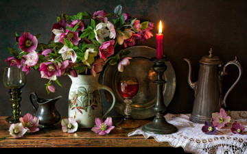 Картинка еда натюрморт свеча вино геллеборус букет