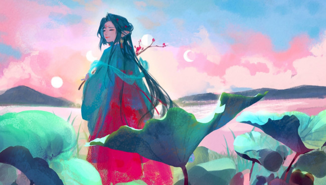 Обои картинки фото аниме, unknown,  другое , девушка, лотосы, озеро, листья