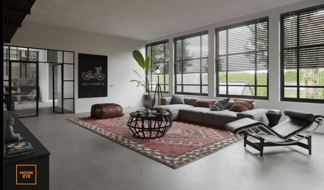 Обои картинки фото интерьер, гостиная, окна, жалюзи, кресло, диван, столик, ковер