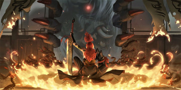 Картинка фэнтези красавицы+и+чудовища девушка меч огонь магия монстр двери