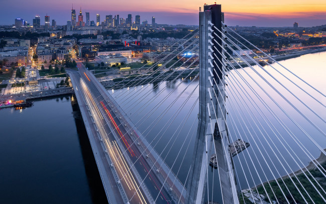 Обои картинки фото города, варшава , польша, река, мост, вечер, огни