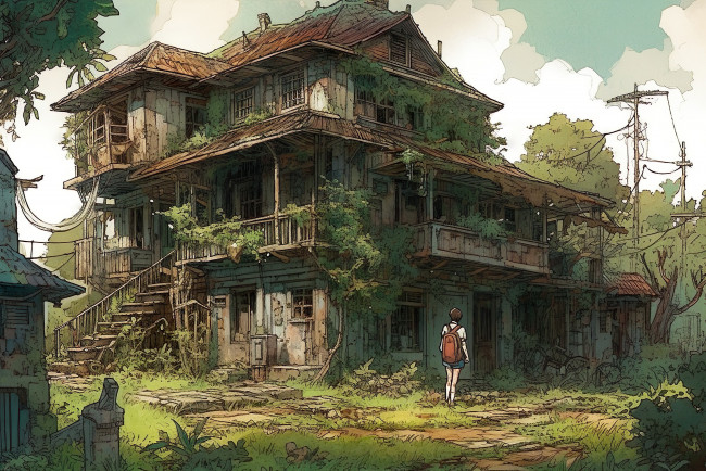 Обои картинки фото аниме, город,  улицы,  интерьер,  здания, старый, заросший, дом