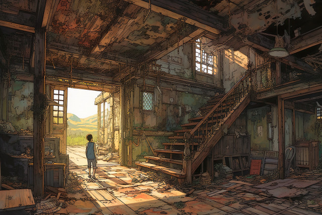 Обои картинки фото аниме, город,  улицы,  интерьер,  здания, старый, заросший, дом