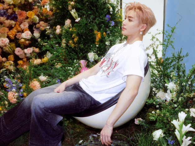 Обои картинки фото мужчины, hou ming hao, актер, футболка, джинсы, кресло, цветы