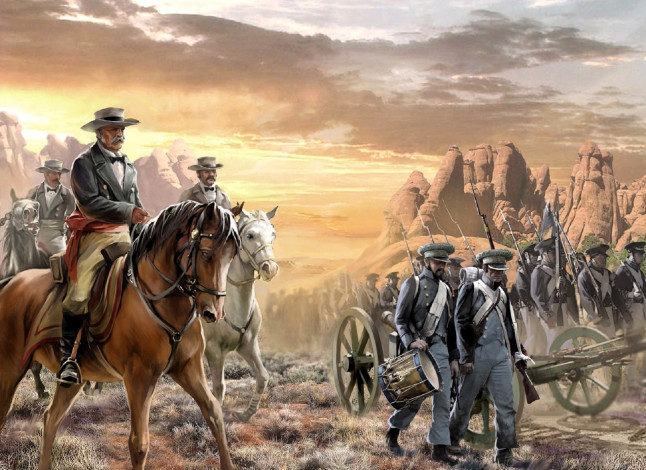 Обои картинки фото видео игры, american conquest,  divided nation, люди, армия, солдаты, пуши, всадники, скалы