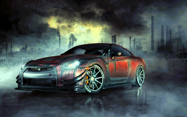 Обои картинки фото рисованное, авто, мото, nissan, gt-r, завод, птицы, дым, трубы