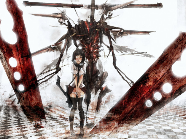 Обои картинки фото аниме, weapon, blood, technology