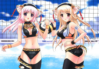 Картинка аниме animals море ушки хвост волейбольный мяч две девушки