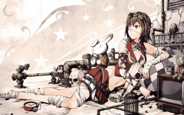 Картинка аниме vocaloid зелёные волосы короткие юбка пупок черные глаза босиком повязка на глаз бинты череп