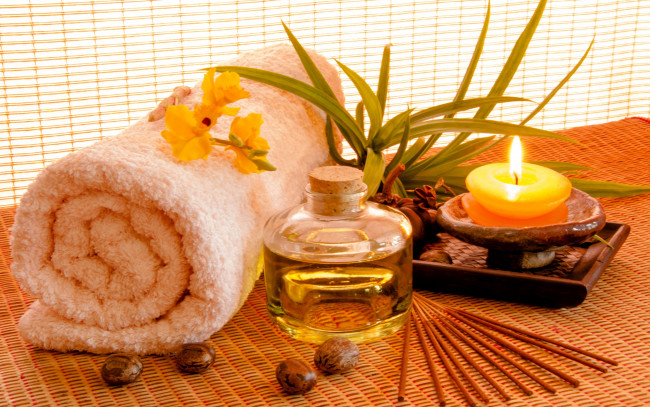 Обои картинки фото разное, косметика, духи, спа, масло, полотенце, свеча