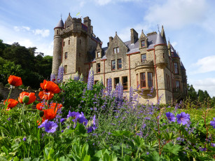 обоя belfast castle, города, - дворцы,  замки,  крепости, трава, луг, замок, цветы