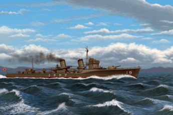 Картинка корабли рисованные волны облака дым иероглифы