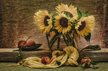 Картинка цветы подсолнухи персики букет