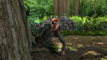 обоя 3д графика, people , люди, блондинка, взгляд, девушка, дерево