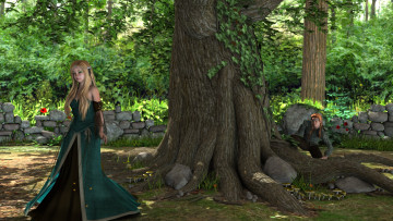 обоя 3д графика, people , люди, взгляд, девушка, дерево, блондинка